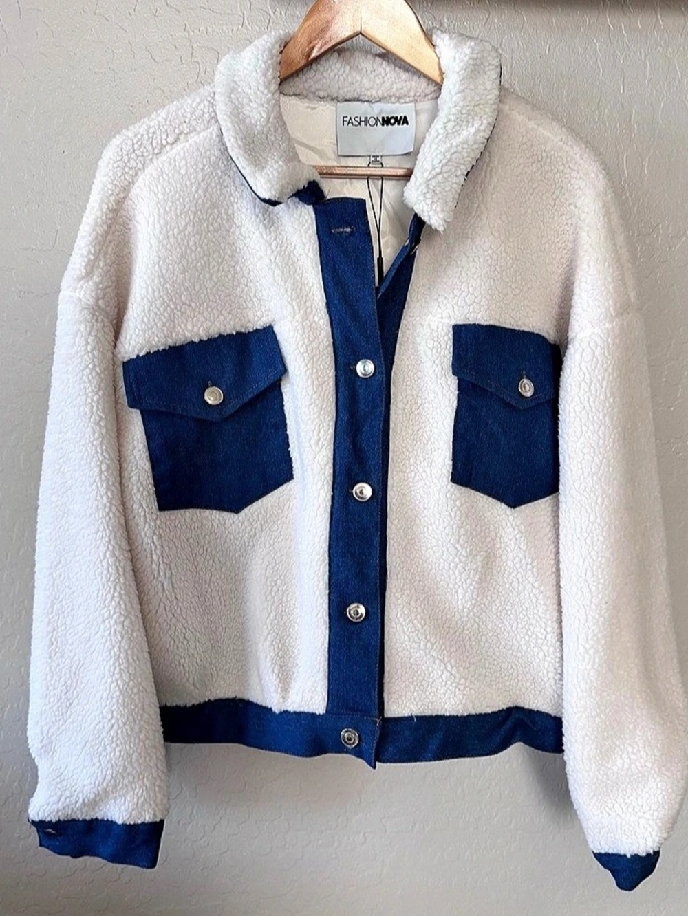 Fashion Nova Sherpa Color Block White & Denim Jacket